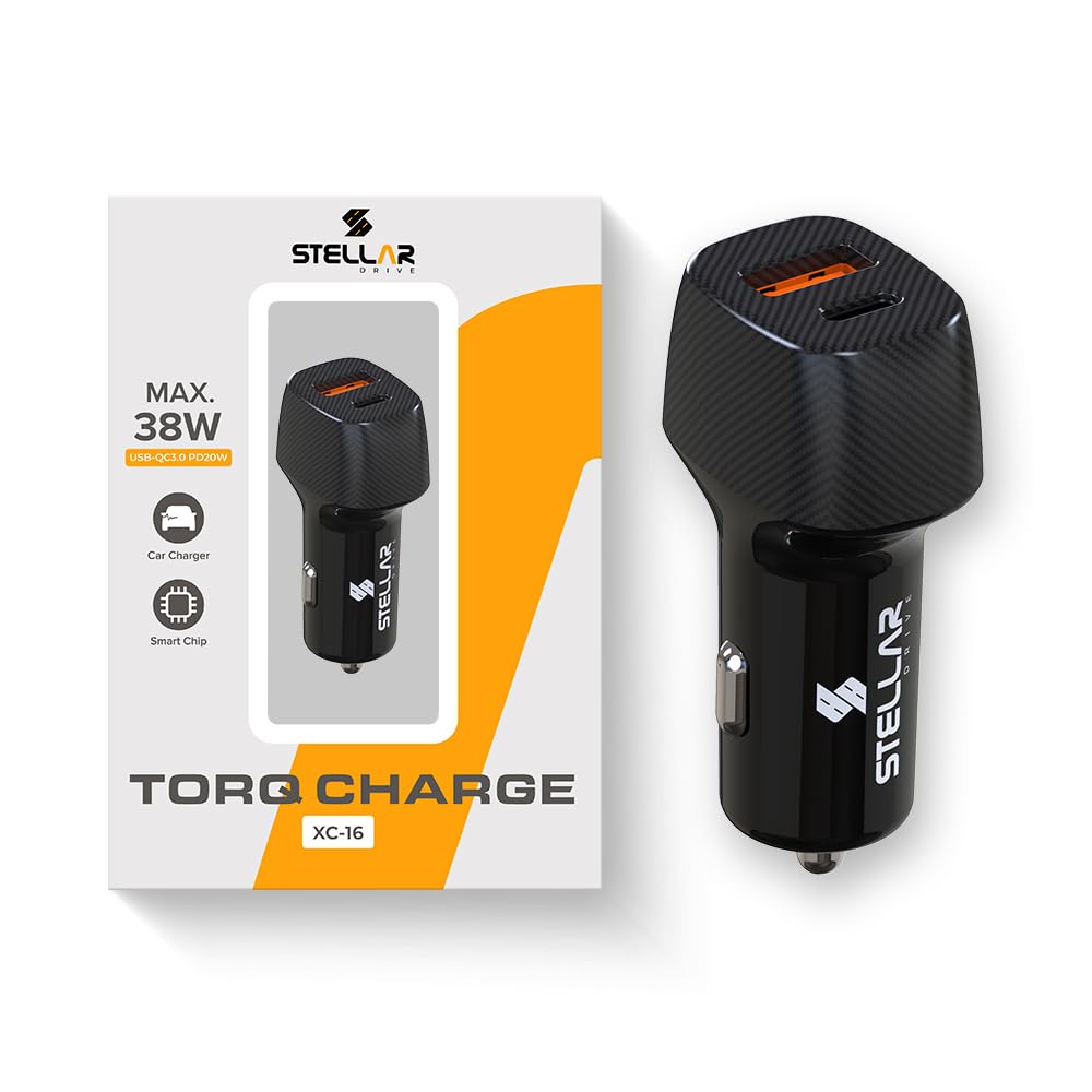 38W Fast Car Charger with Dual Output | Type-C PD 20W & USB QC 3.0 18W | Compatible for iPhone, All Smartphones, Tablets & More | ABS+PC Compact Design