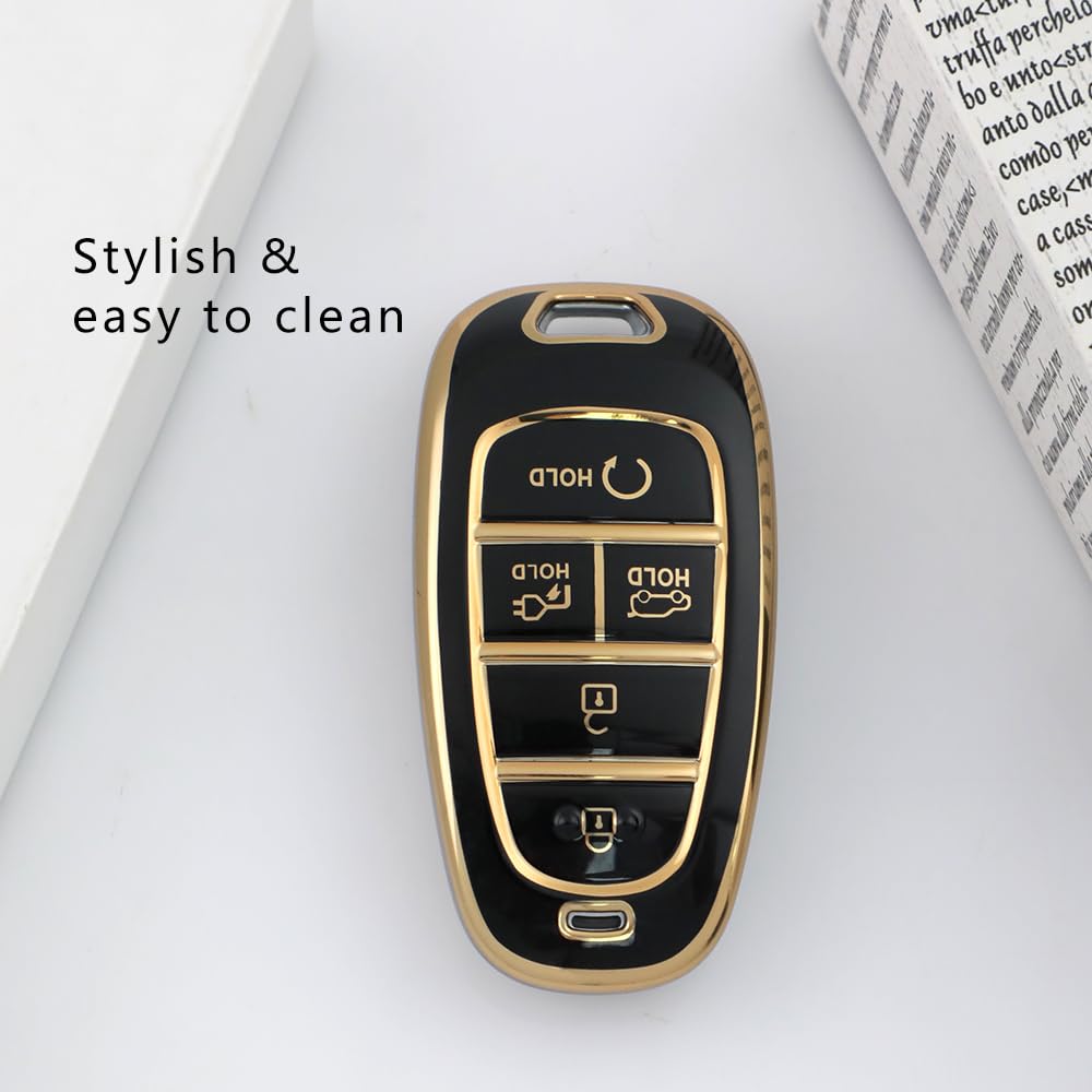 TPU car Key Cover Compatible for Hyundai Ioniq5 5 Button Smart Key (Light Gold Black)