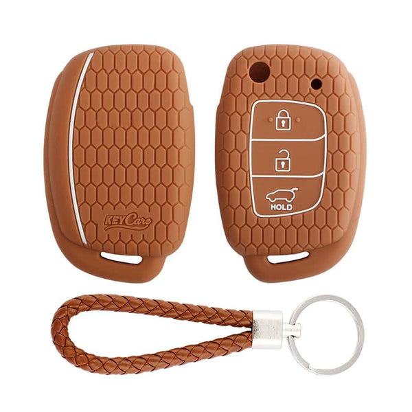 Hyundai 3 button flip key cover with keyring - Brown