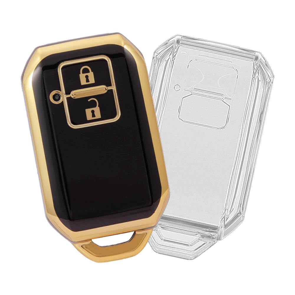 TPU Key Cover combo Compatible for Suzuki Fronx, Jimny, Grand Vitara, Brezza, Swift, Baleno. Ertiga, XL6, Ignis. DZire 2 button smart key (Clear TPU + Gold TPU)