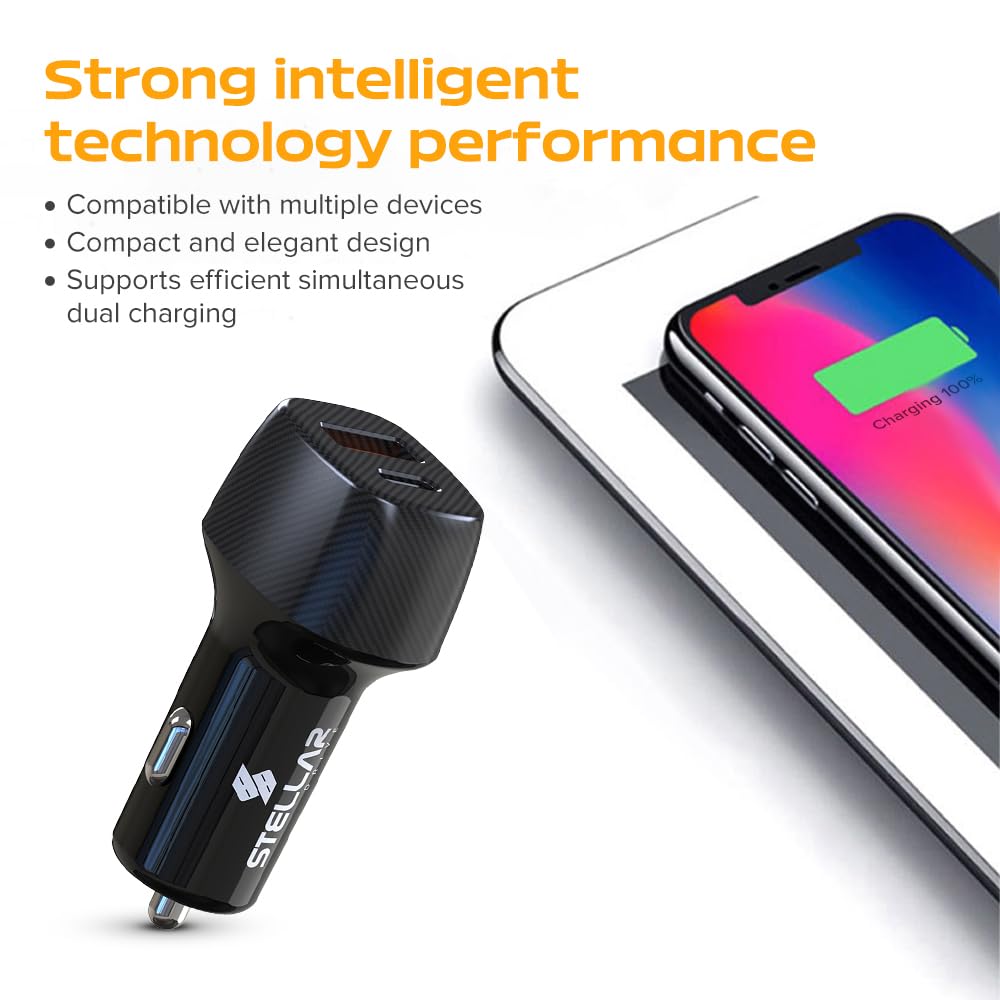 38W Fast Car Charger with Dual Output | Type-C PD 20W & USB QC 3.0 18W | Compatible for iPhone, All Smartphones, Tablets & More | ABS+PC Compact Design
