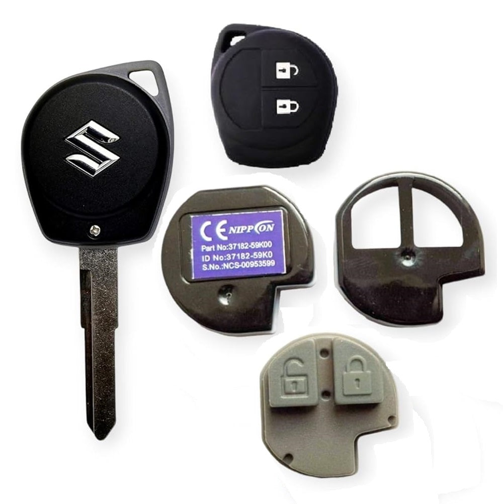 A set of Suzuki branded key shells and a remote control fob. The key shells are primarily black with a silver Suzuki logo, and the remote is also black with buttons for locking and unlocking.