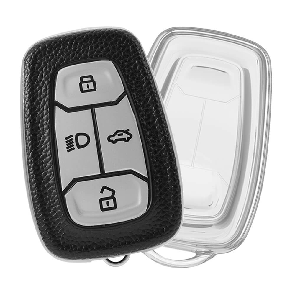 KEYKART® Clear Tpu & Leather Tpu key cover for Nexon, Altroz, Harrier, Tigor, Safari, Punch 4 button smart key(D)