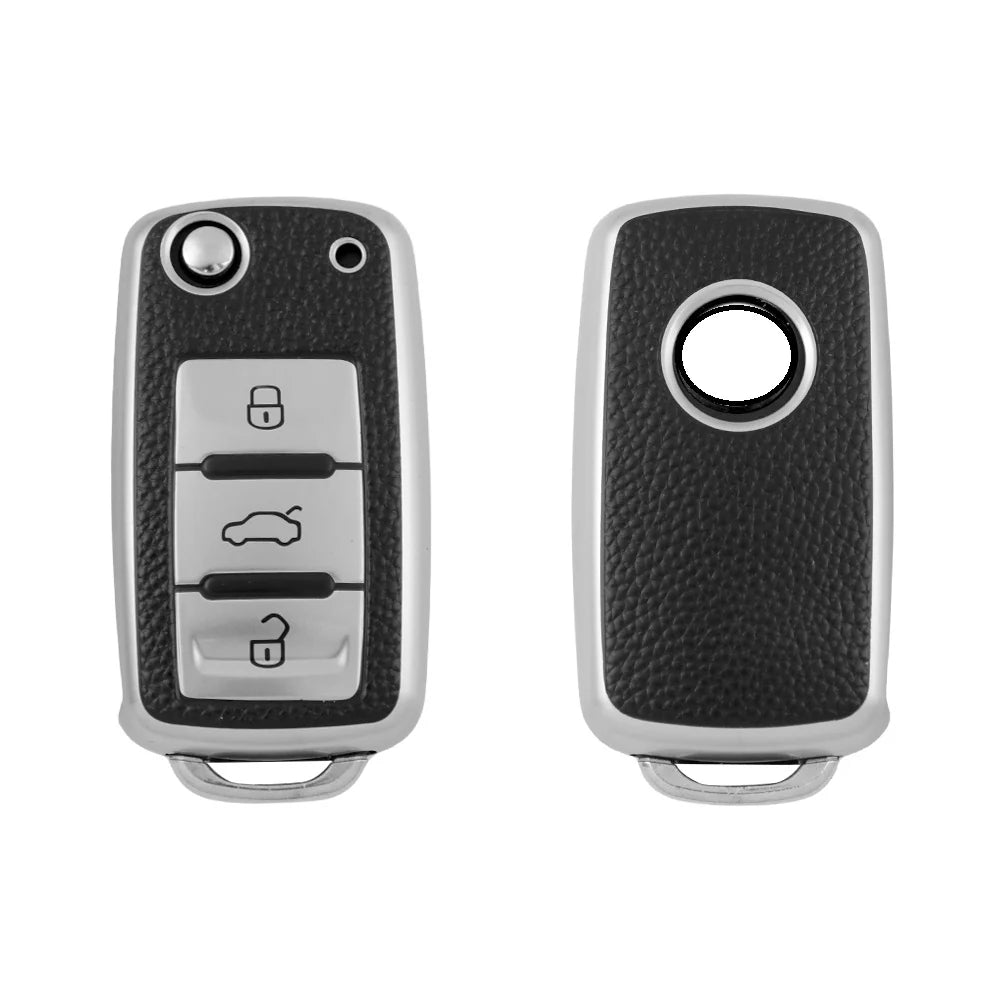 leather TPU key cover for Volkswagen Polo, Vento, Jetta, Ameo 3 button flip key – Silver Black