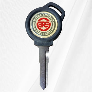 A Royal Enfield branded motorcycle key with a logo of Royal Enfield since 1907 on the head.