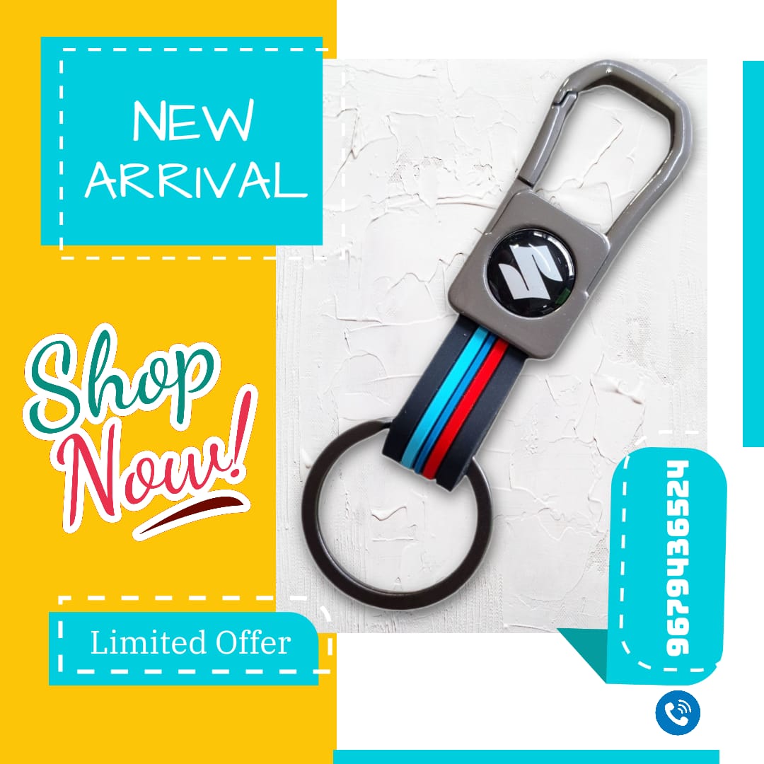 Premium Keychain Compatible with Maruti Suzuki Cars – Stylish Metal Hook with Tricolor Silicone Strap – Durable Car/Bike Key Ring Holder