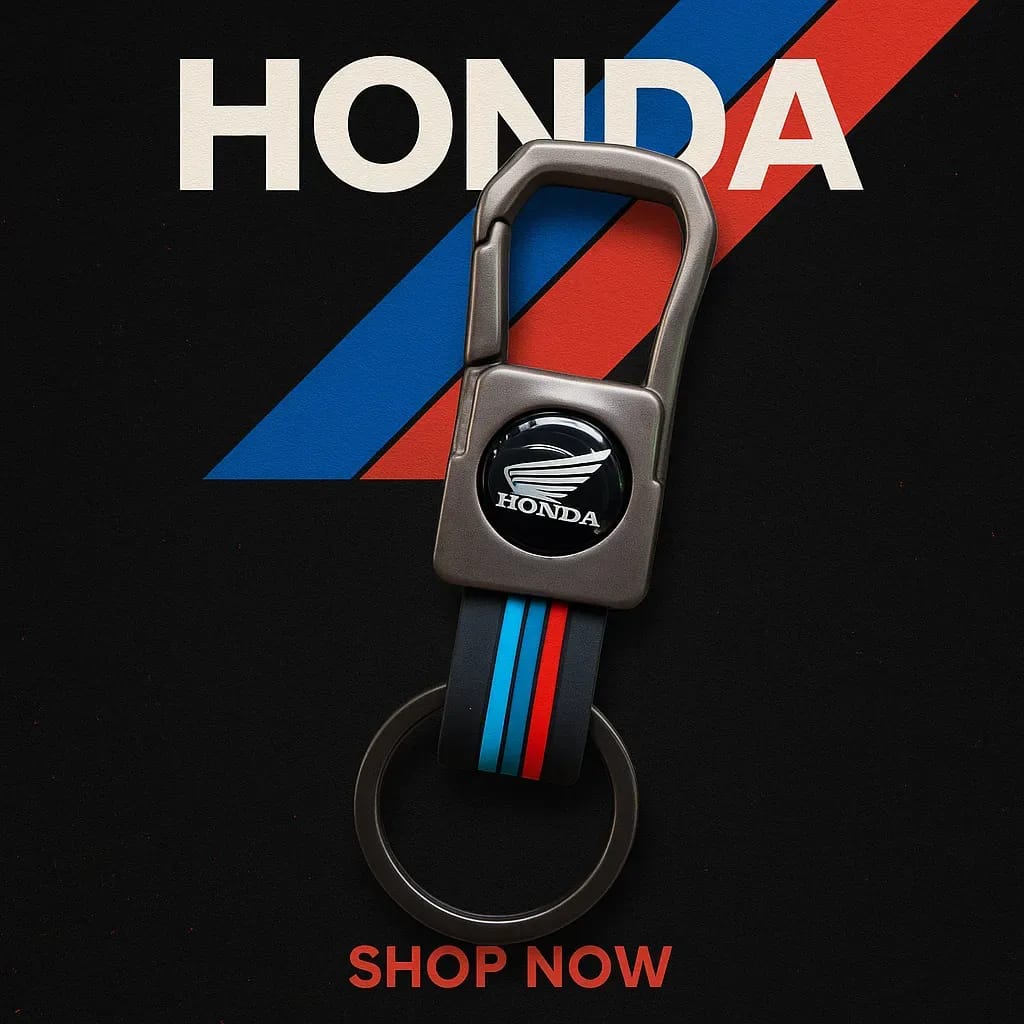 Premium Keychain for Honda Bikes & Cars – Wing Logo Metal Hook Keyring with Tricolor Silicone Strap – Stylish & Durable (Black Finish)
