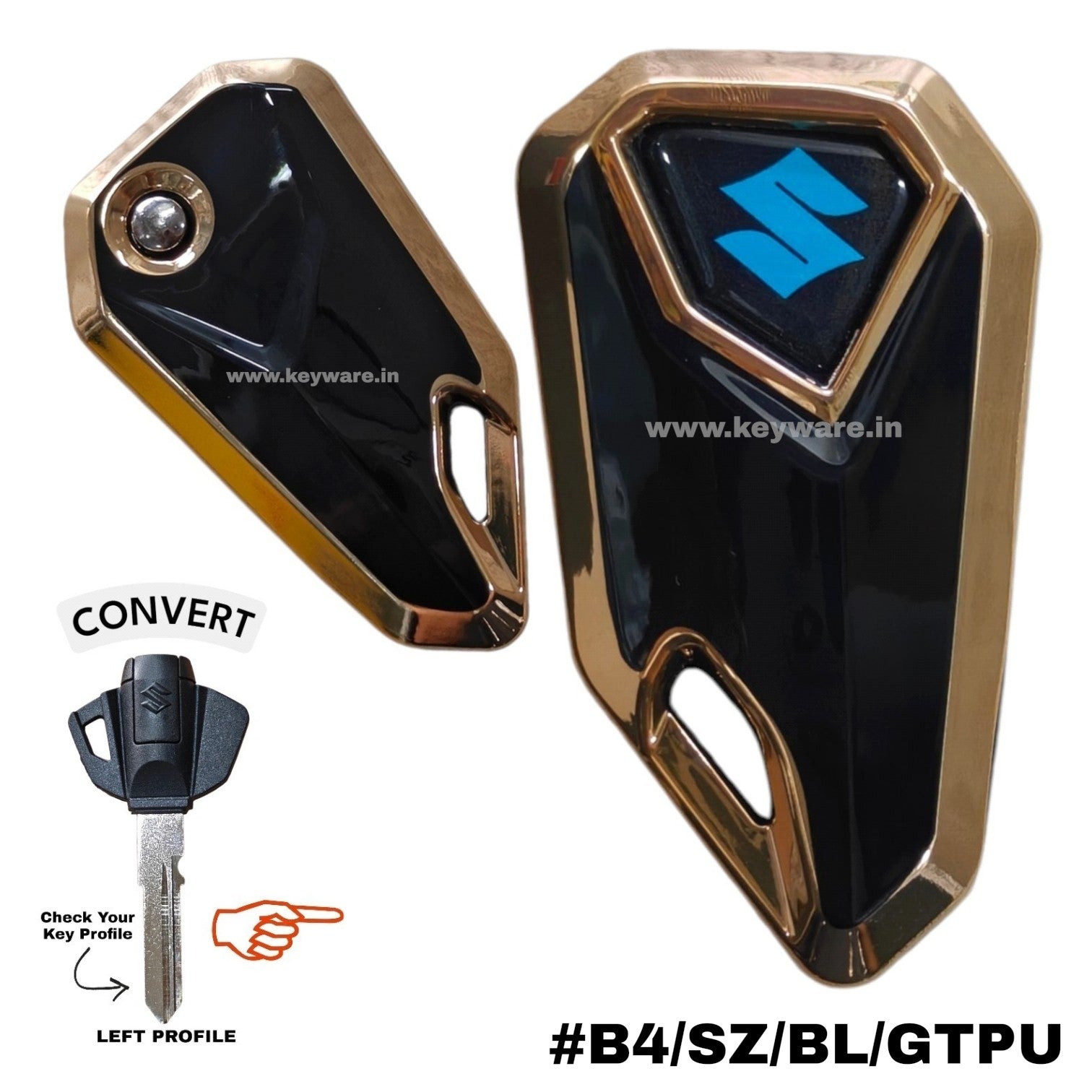 Suzuki Bike Flip Key & Golden Tpu Key Cover - Blue Logo (B4/SZ/BL/GTPU)
