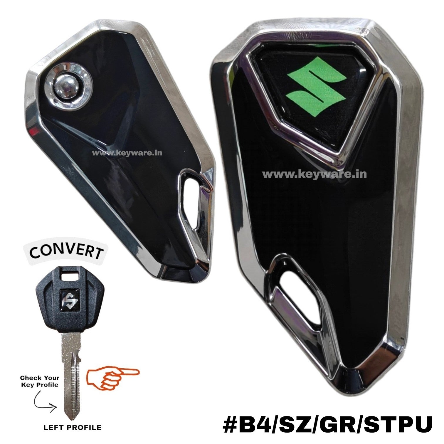 Suzuki Bike Flip Key & Silver Tpu Key Cover - Green Logo (B4/SZ/GR/STPU)